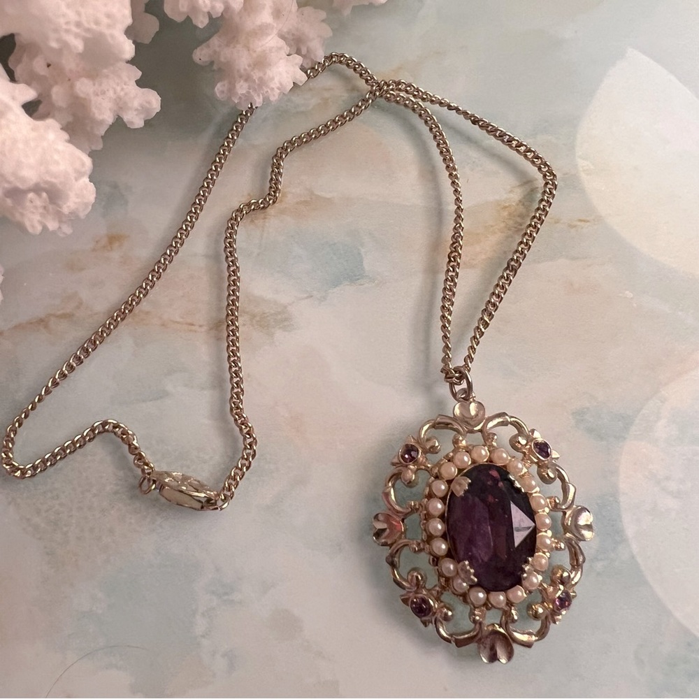 Vintage Faux Amethyst and Seed Pearl Oval Pendant Charm Necklace